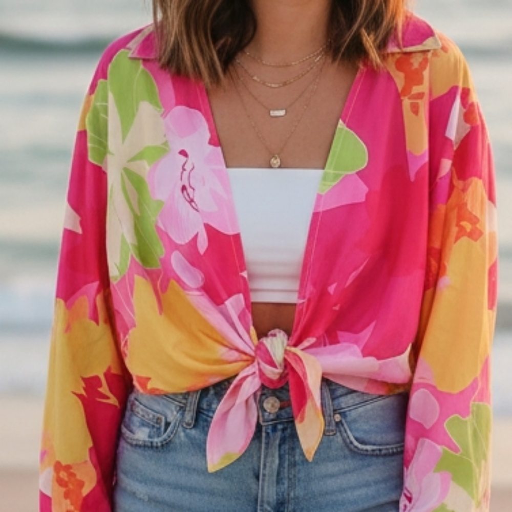Vibrant Floral Tie-Front Blouse
